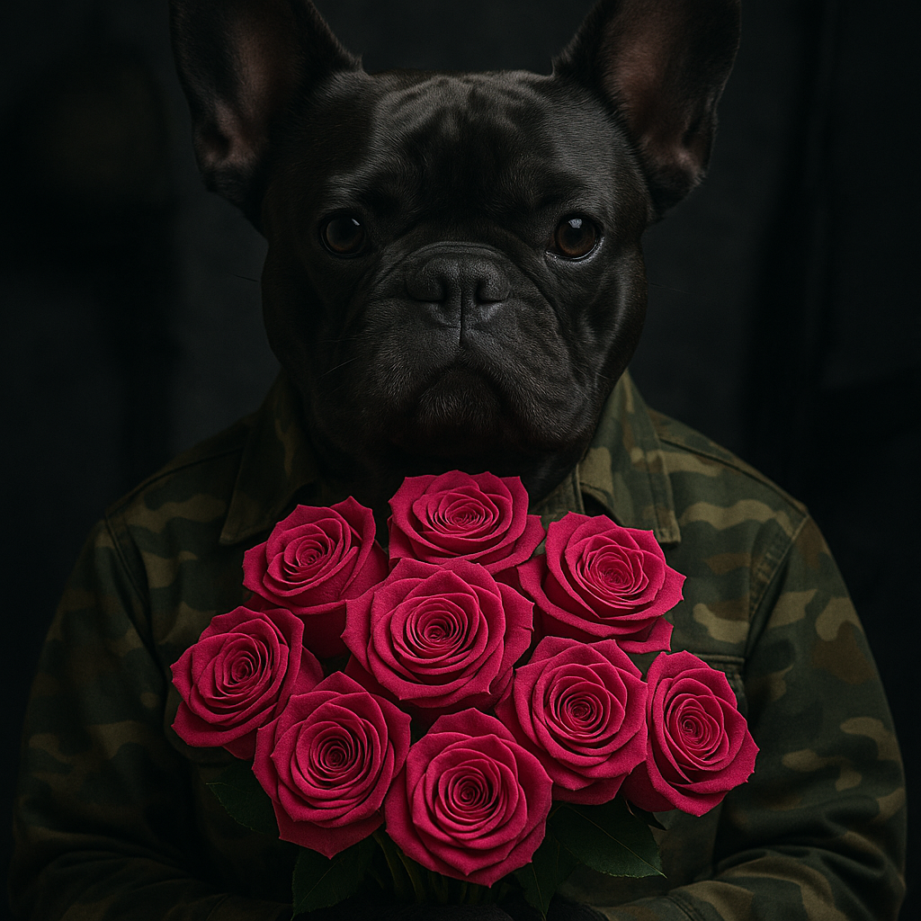 Bulldog w moro z bukietem róż fuksja
